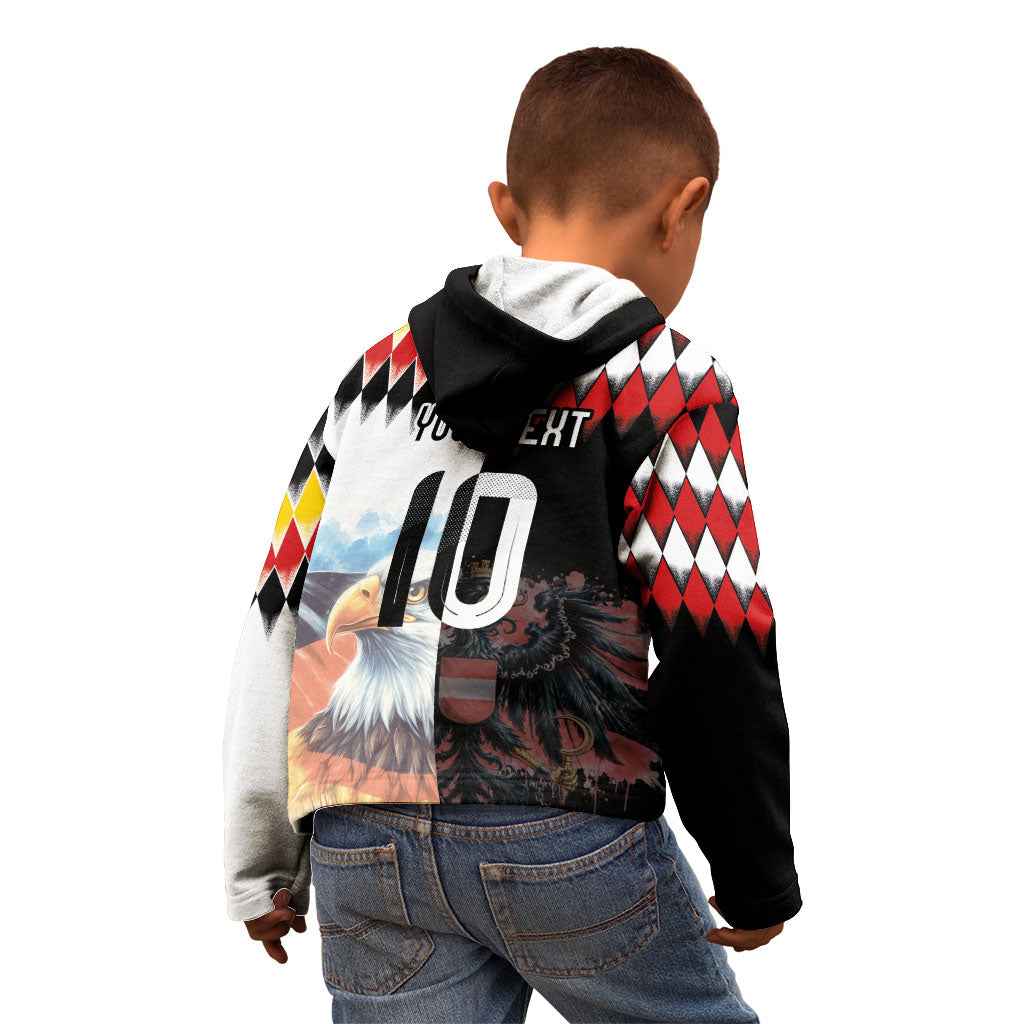 Custom Austria and Germany National Football Kid Hoodie Split Half Diamond Argyle with Eagles Watercolor Paint Splash Art