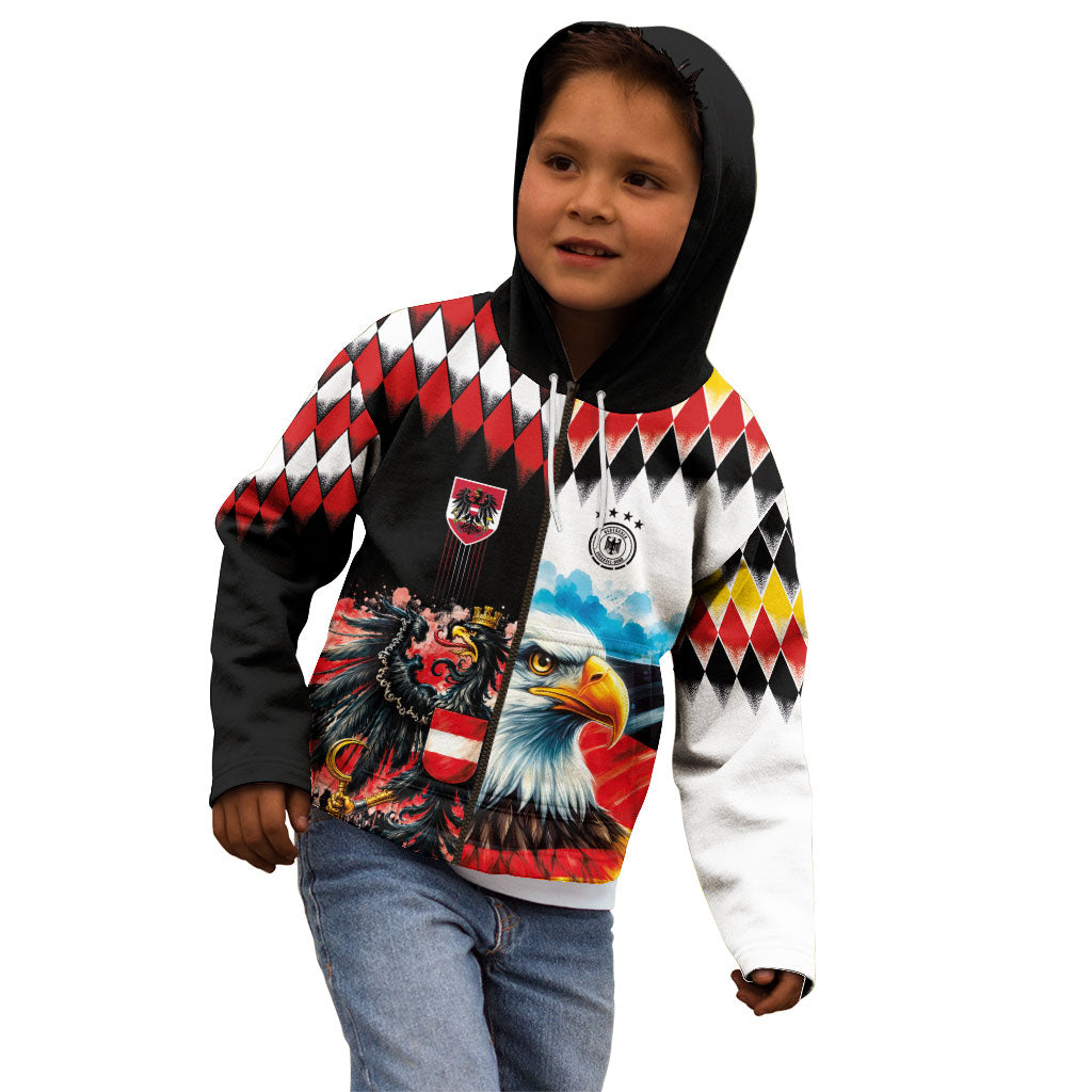 Custom Austria and Germany National Football Kid Hoodie Split Half Diamond Argyle with Eagles Watercolor Paint Splash Art