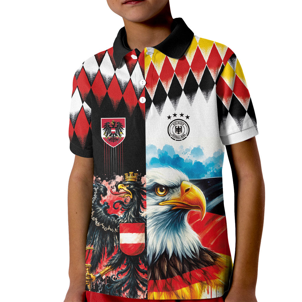 Custom Austria and Germany National Football Kid Polo Shirt Split Half Diamond Argyle with Eagles Watercolor Paint Splash Art