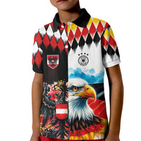 Custom Austria and Germany National Football Kid Polo Shirt Split Half Diamond Argyle with Eagles Watercolor Paint Splash Art