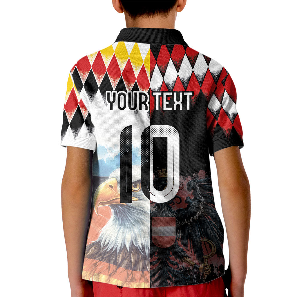 Custom Austria and Germany National Football Kid Polo Shirt Split Half Diamond Argyle with Eagles Watercolor Paint Splash Art