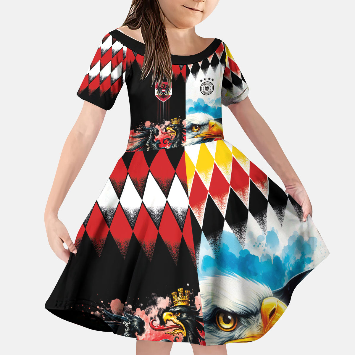 Custom Austria and Germany National Football Kid Short Sleeve Dress Split Half Diamond Argyle with Eagles Watercolor Paint Splash Art
