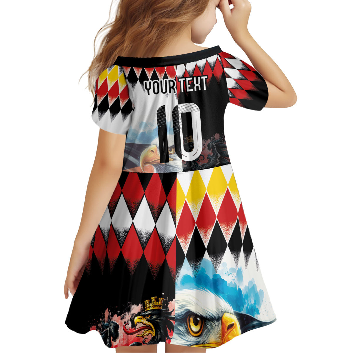 Custom Austria and Germany National Football Kid Short Sleeve Dress Split Half Diamond Argyle with Eagles Watercolor Paint Splash Art