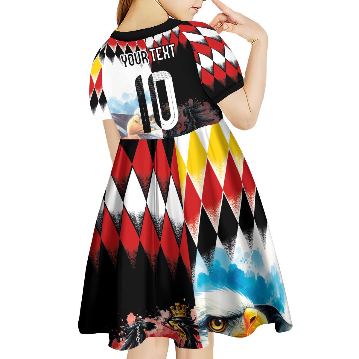 Custom Austria and Germany National Football Kid Short Sleeve Dress Split Half Diamond Argyle with Eagles Watercolor Paint Splash Art