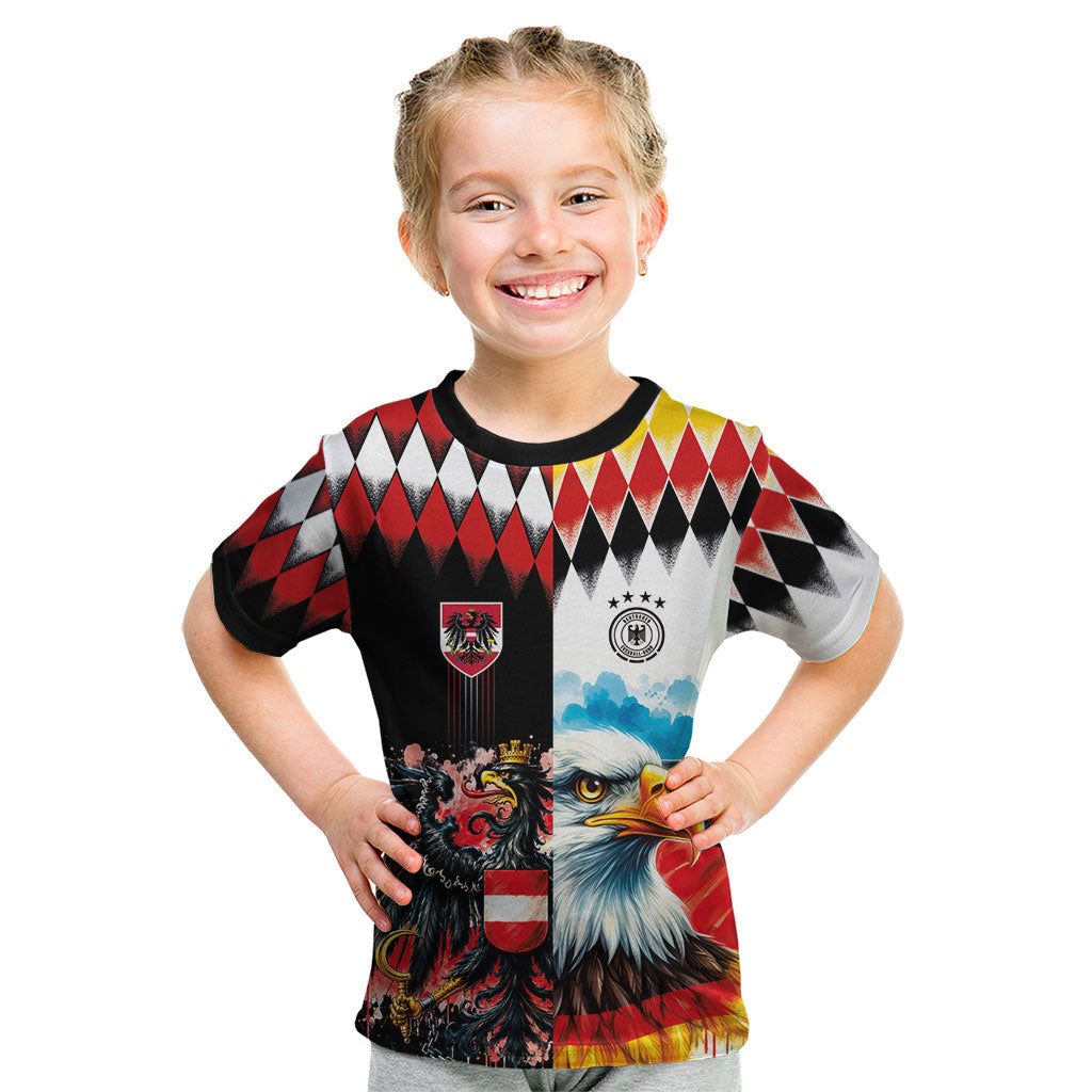 Custom Austria and Germany National Football Kid T Shirt Split Half Diamond Argyle with Eagles Watercolor Paint Splash Art