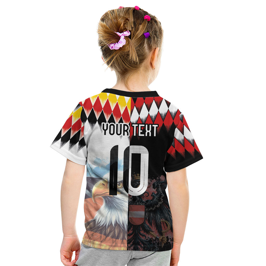 Custom Austria and Germany National Football Kid T Shirt Split Half Diamond Argyle with Eagles Watercolor Paint Splash Art