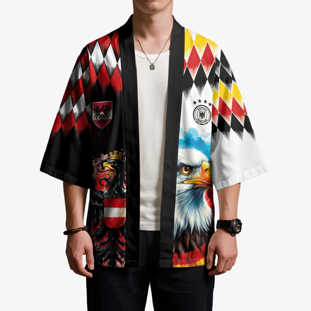 Custom Austria and Germany National Football Kimono Split Half Diamond Argyle with Eagles Watercolor Paint Splash Art