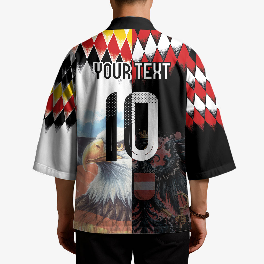 Custom Austria and Germany National Football Kimono Split Half Diamond Argyle with Eagles Watercolor Paint Splash Art