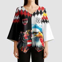 Custom Austria and Germany National Football Kimono Sleeve Blouse Split Half Diamond Argyle with Eagles Watercolor Paint Splash Art