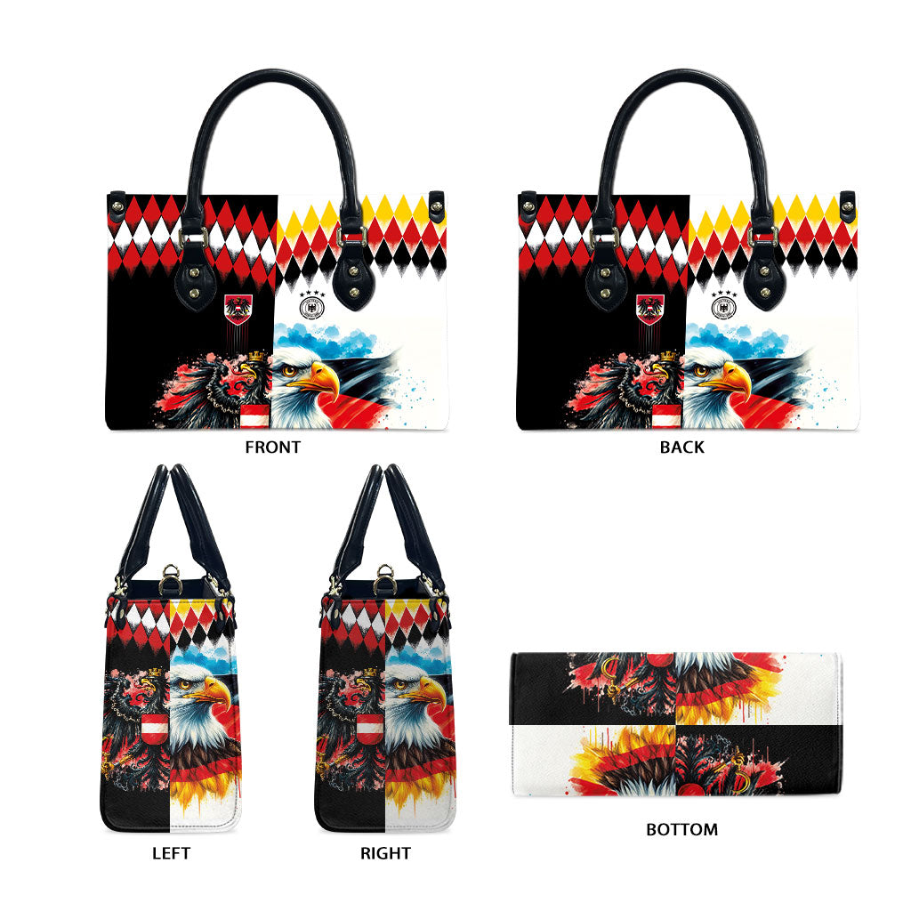 Austria and Germany National Football Leather Bag Split Half Diamond Argyle with Eagles Watercolor Paint Splash Art