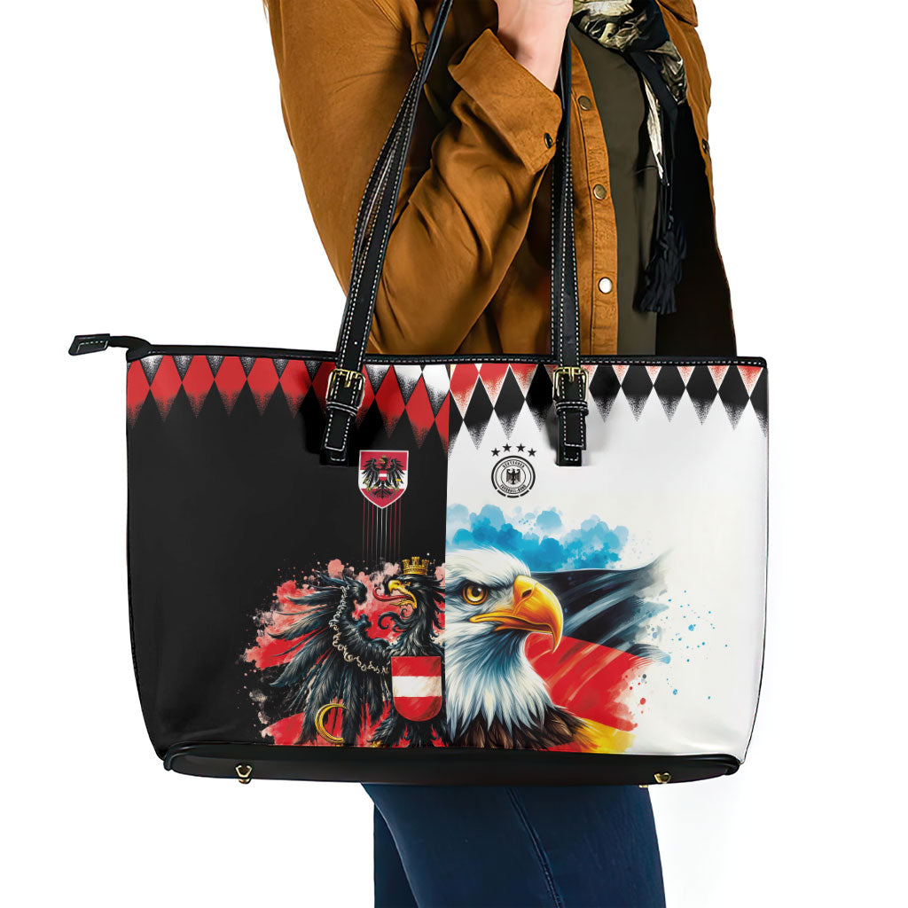 Austria and Germany National Football Leather Tote Bag Split Half Diamond Argyle with Eagles Watercolor Paint Splash Art