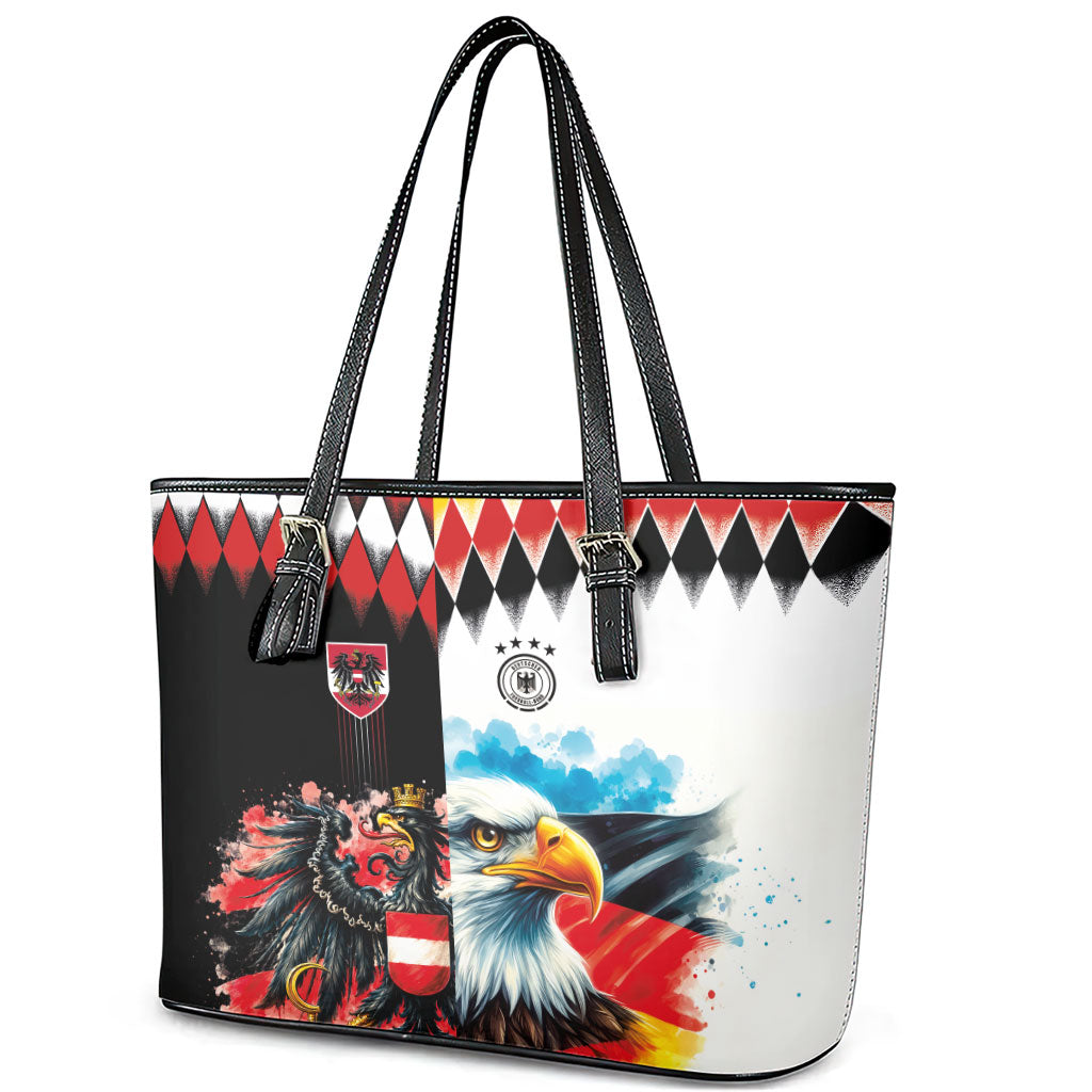 Austria and Germany National Football Leather Tote Bag Split Half Diamond Argyle with Eagles Watercolor Paint Splash Art