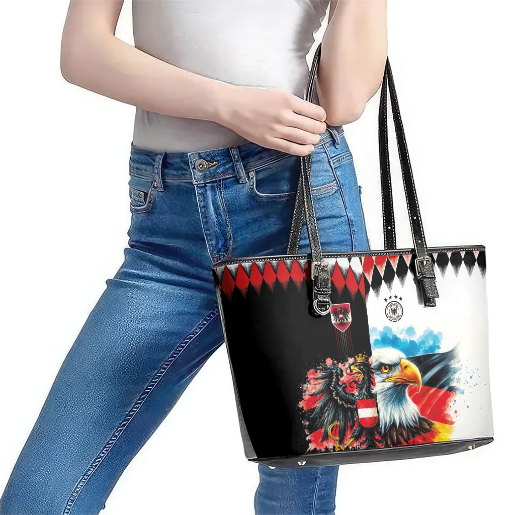 Austria and Germany National Football Leather Tote Bag Split Half Diamond Argyle with Eagles Watercolor Paint Splash Art