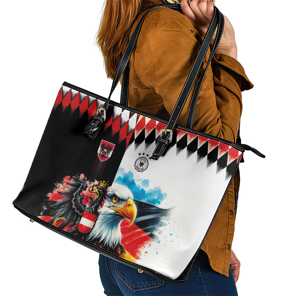 Austria and Germany National Football Leather Tote Bag Split Half Diamond Argyle with Eagles Watercolor Paint Splash Art