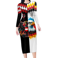 Custom Austria and Germany National Football Long Sleeve Bodycon Dress Split Half Diamond Argyle with Eagles Watercolor Paint Splash Art