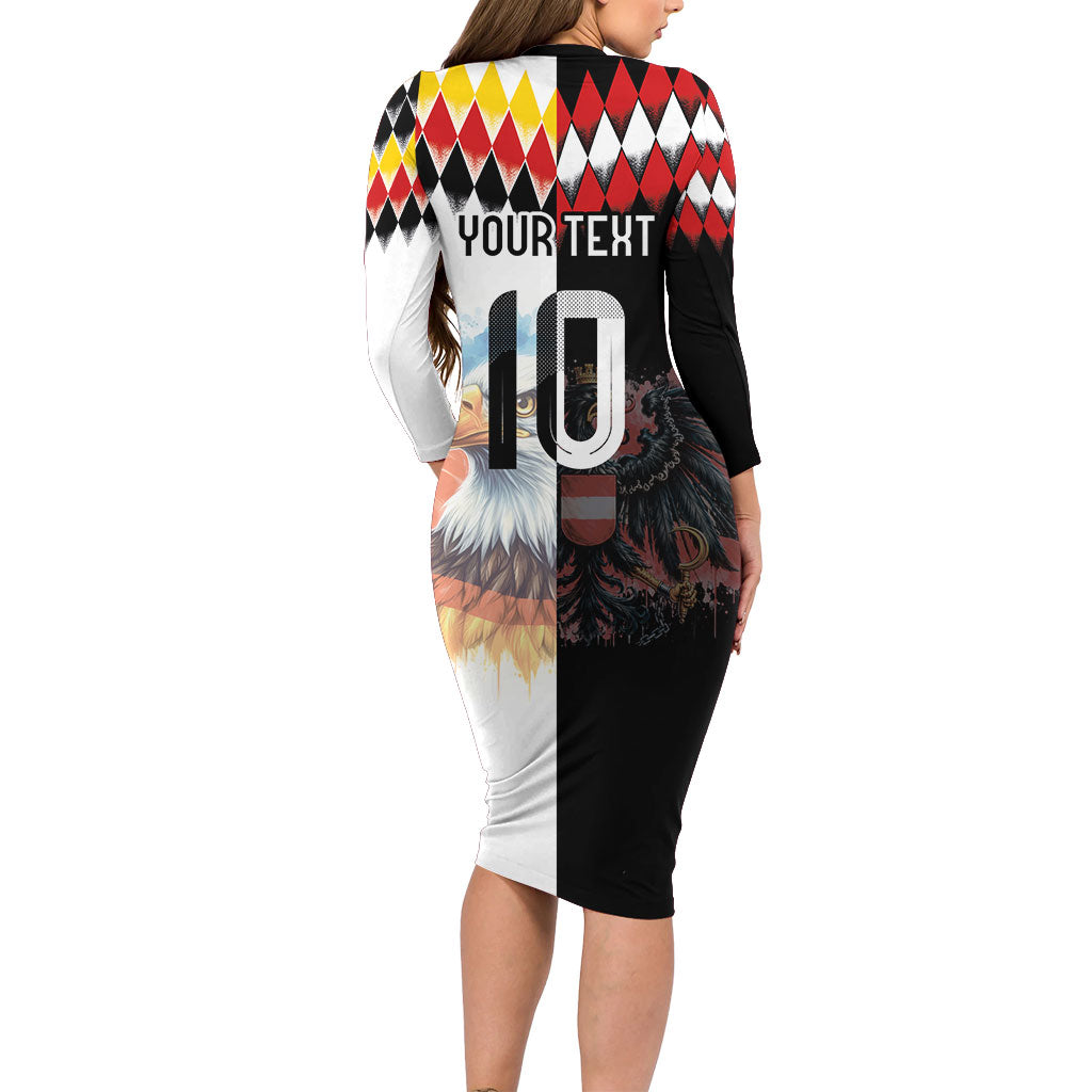 Custom Austria and Germany National Football Long Sleeve Bodycon Dress Split Half Diamond Argyle with Eagles Watercolor Paint Splash Art