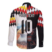 Custom Austria and Germany National Football Long Sleeve Button Shirt Split Half Diamond Argyle with Eagles Watercolor Paint Splash Art