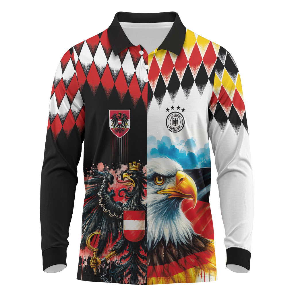 Custom Austria and Germany National Football Long Sleeve Polo Shirt Split Half Diamond Argyle with Eagles Watercolor Paint Splash Art