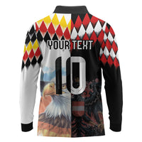 Custom Austria and Germany National Football Long Sleeve Polo Shirt Split Half Diamond Argyle with Eagles Watercolor Paint Splash Art
