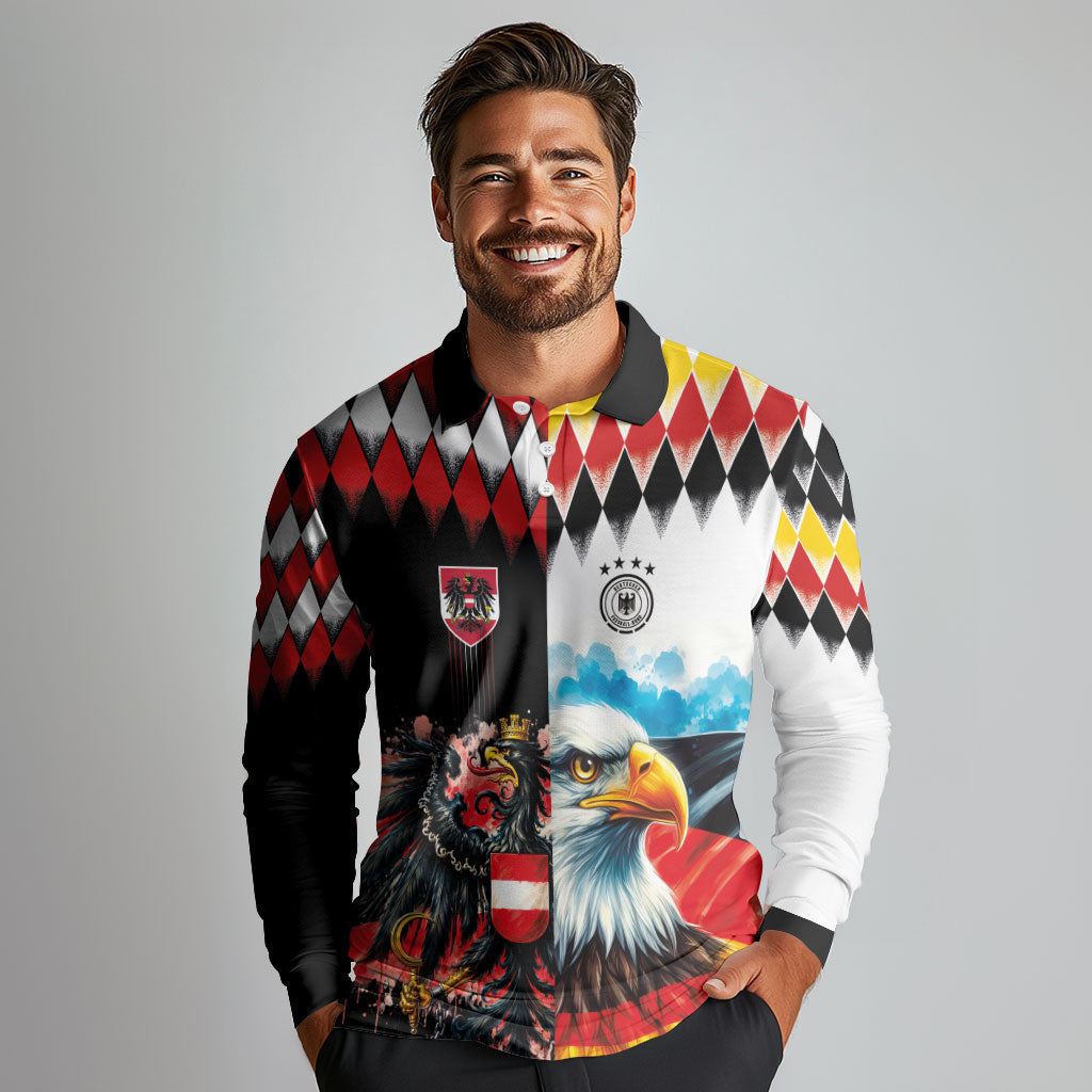 Custom Austria and Germany National Football Long Sleeve Polo Shirt Split Half Diamond Argyle with Eagles Watercolor Paint Splash Art