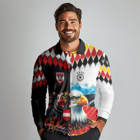 Custom Austria and Germany National Football Long Sleeve Polo Shirt Split Half Diamond Argyle with Eagles Watercolor Paint Splash Art