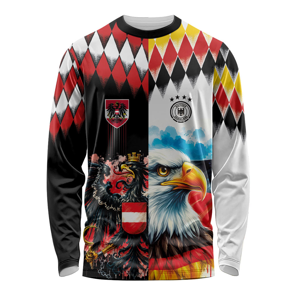 Custom Austria and Germany National Football Long Sleeve Shirt Split Half Diamond Argyle with Eagles Watercolor Paint Splash Art