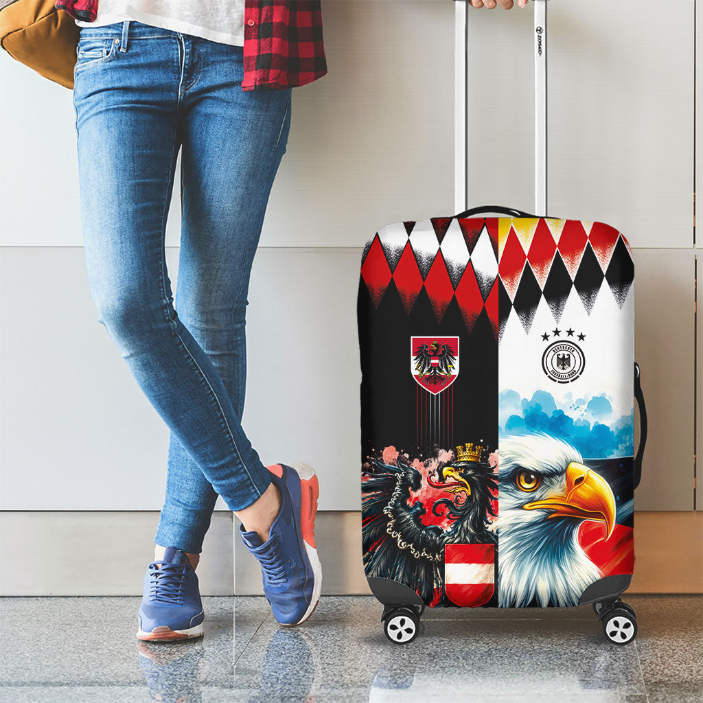Austria and Germany National Football Luggage Cover Split Half Diamond Argyle with Eagles Watercolor Paint Splash Art