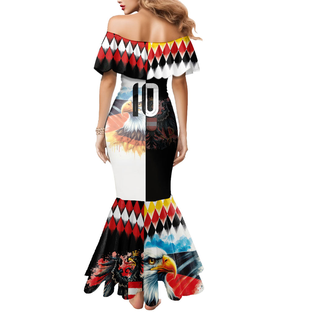 Custom Austria and Germany National Football Mermaid Dress Split Half Diamond Argyle with Eagles Watercolor Paint Splash Art