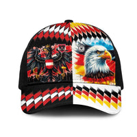 Austria and Germany National Football Mesh Trucker Cap Split Half Diamond Argyle with Eagles Watercolor Paint Splash Art