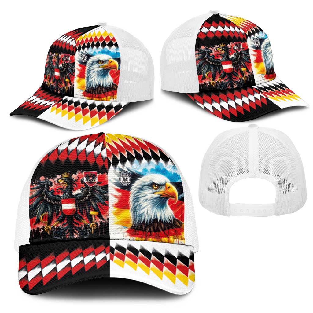 Austria and Germany National Football Mesh Trucker Cap Split Half Diamond Argyle with Eagles Watercolor Paint Splash Art