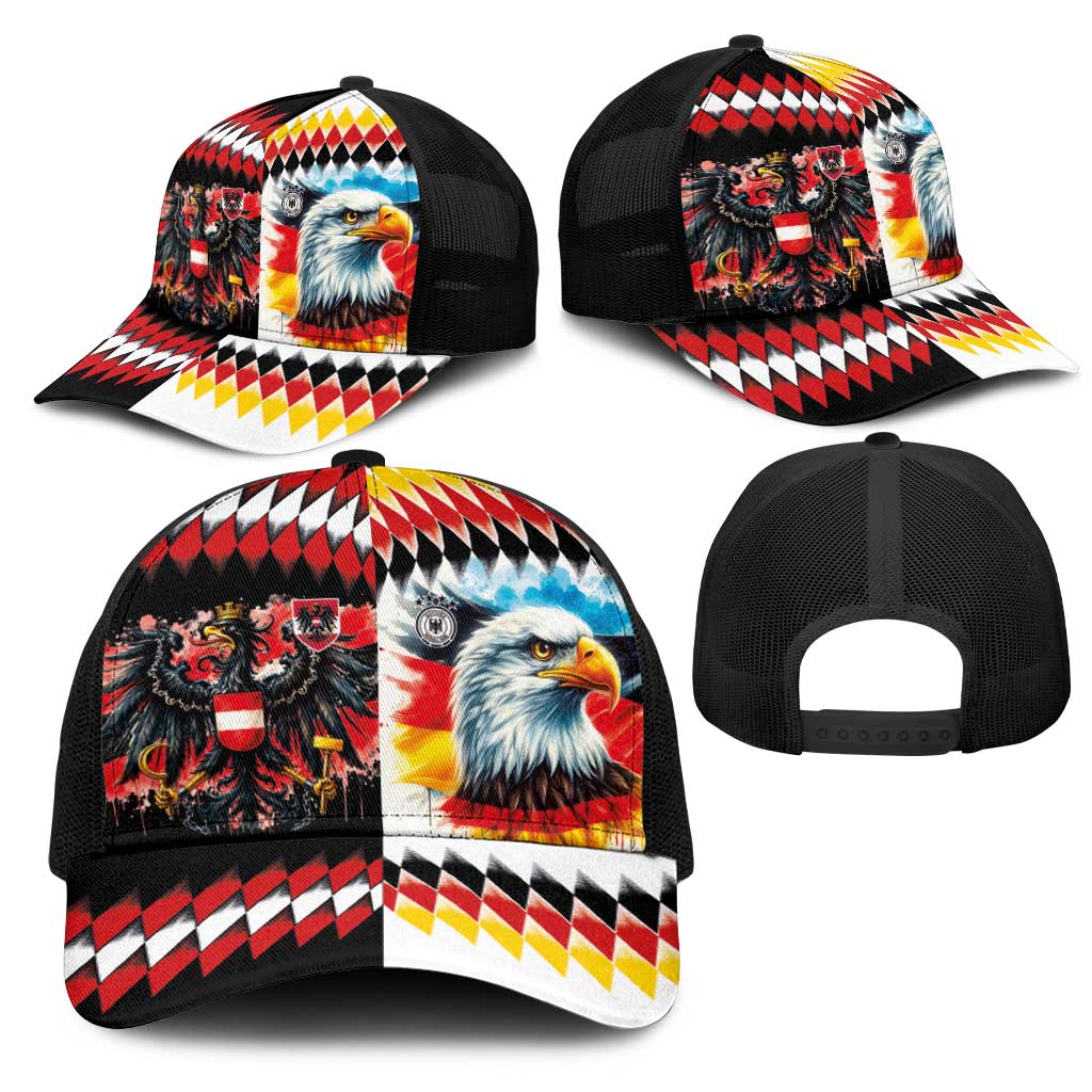 Austria and Germany National Football Mesh Trucker Cap Split Half Diamond Argyle with Eagles Watercolor Paint Splash Art