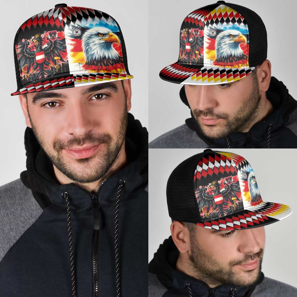 Austria and Germany National Football Mesh Trucker Cap Split Half Diamond Argyle with Eagles Watercolor Paint Splash Art