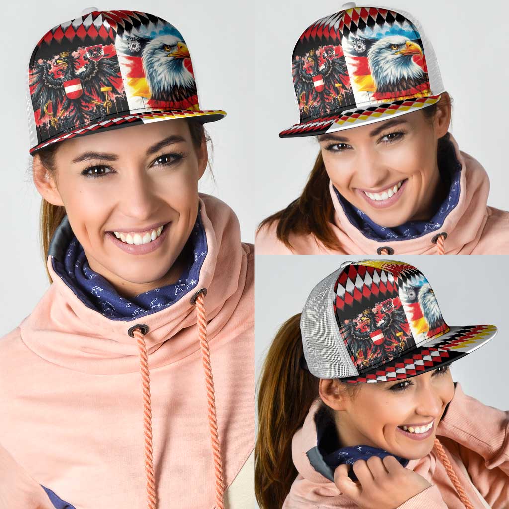 Austria and Germany National Football Mesh Trucker Cap Split Half Diamond Argyle with Eagles Watercolor Paint Splash Art