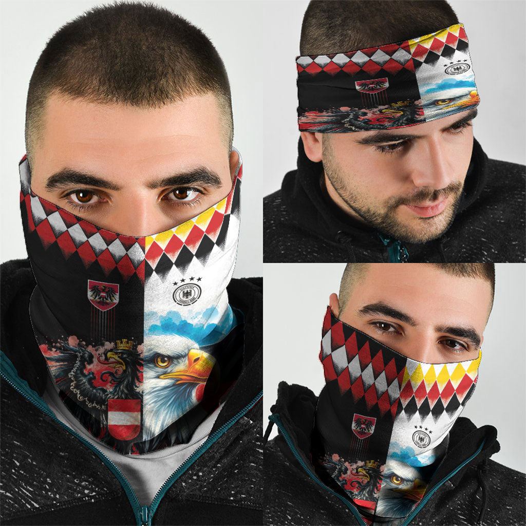 Austria and Germany National Football Neck Gaiter Split Half Diamond Argyle with Eagles Watercolor Paint Splash Art