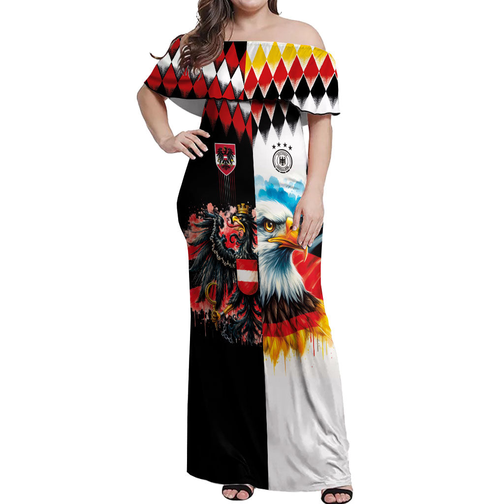 Custom Austria and Germany National Football Off Shoulder Maxi Dress Split Half Diamond Argyle with Eagles Watercolor Paint Splash Art