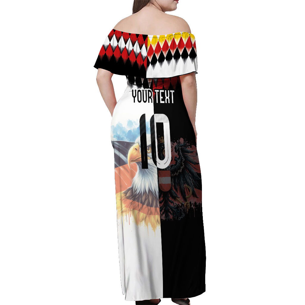 Custom Austria and Germany National Football Off Shoulder Maxi Dress Split Half Diamond Argyle with Eagles Watercolor Paint Splash Art