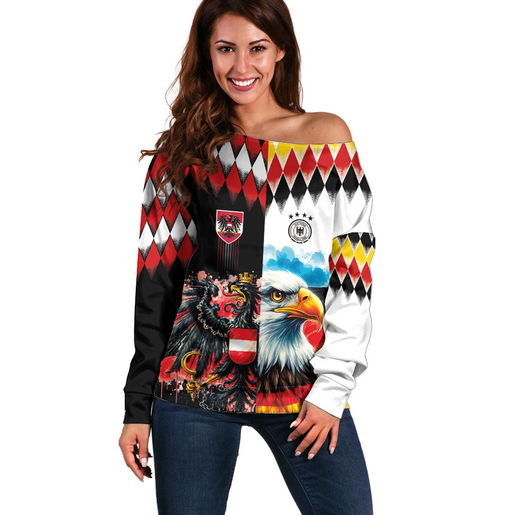 Custom Austria and Germany National Football Off Shoulder Sweater Split Half Diamond Argyle with Eagles Watercolor Paint Splash Art