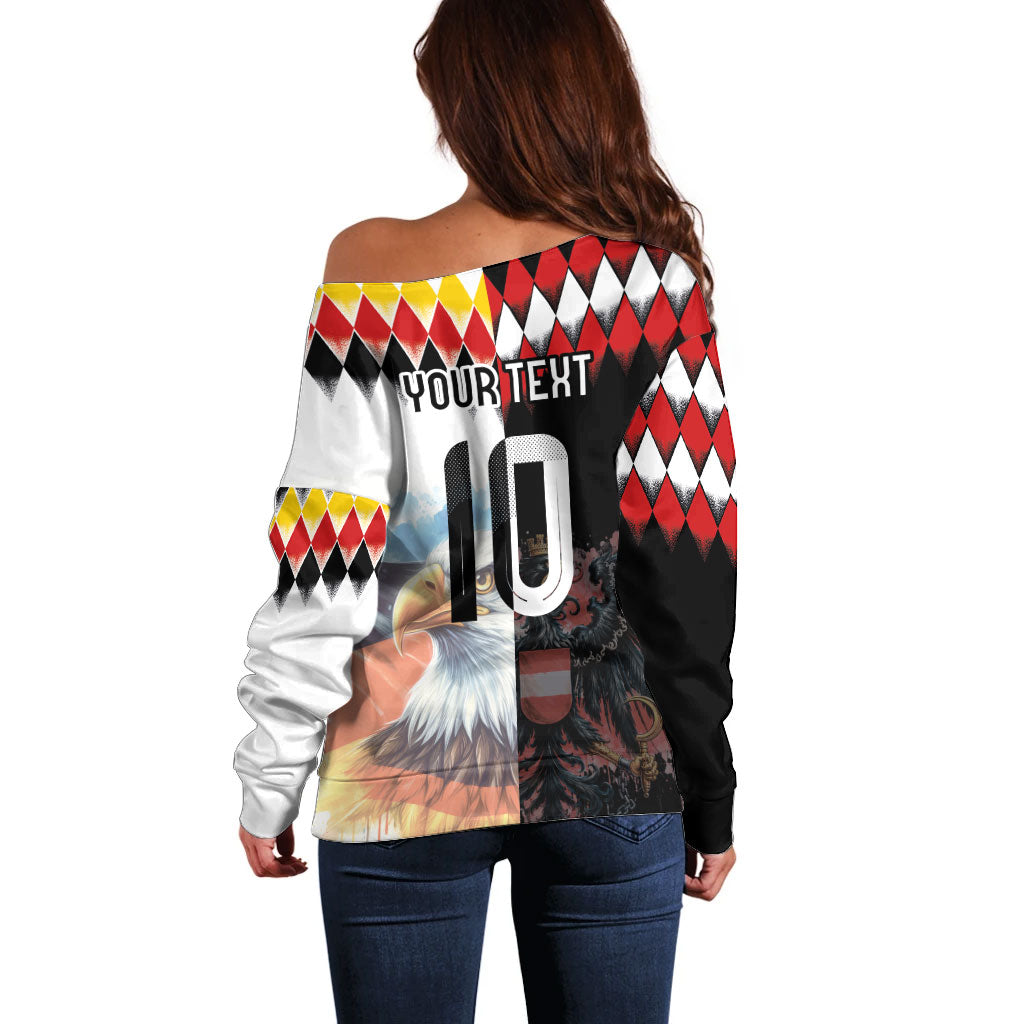 Custom Austria and Germany National Football Off Shoulder Sweater Split Half Diamond Argyle with Eagles Watercolor Paint Splash Art