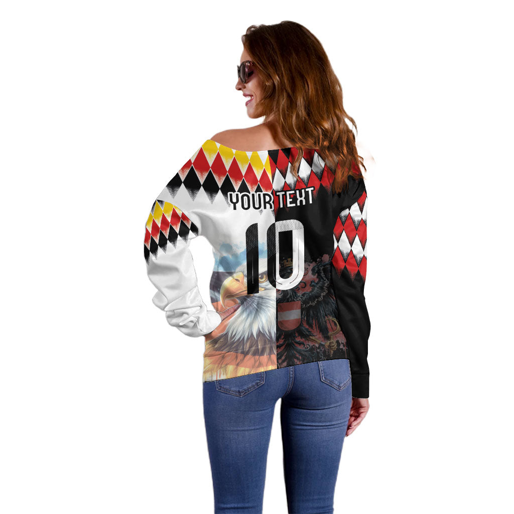 Custom Austria and Germany National Football Off Shoulder Sweater Split Half Diamond Argyle with Eagles Watercolor Paint Splash Art