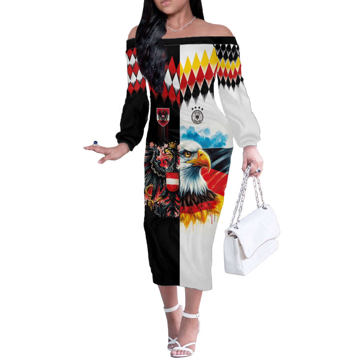 Custom Austria and Germany National Football Off The Shoulder Long Sleeve Dress Split Half Diamond Argyle with Eagles Watercolor Paint Splash Art