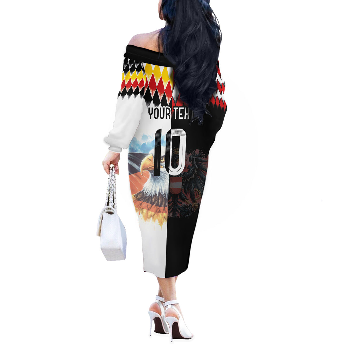 Custom Austria and Germany National Football Off The Shoulder Long Sleeve Dress Split Half Diamond Argyle with Eagles Watercolor Paint Splash Art