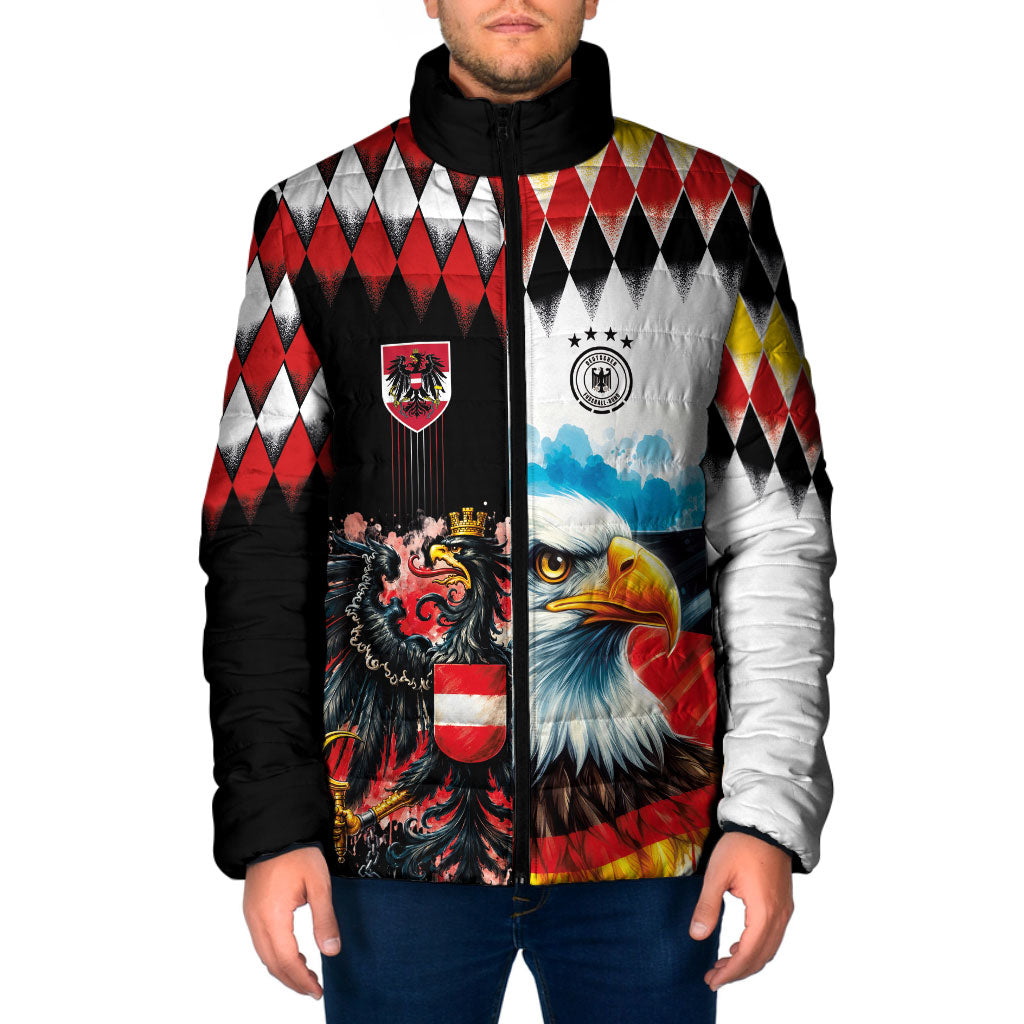 Custom Austria and Germany National Football Padded Jacket Split Half Diamond Argyle with Eagles Watercolor Paint Splash Art