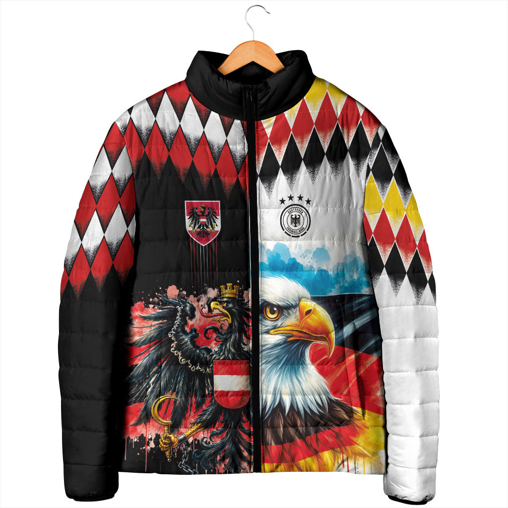 Custom Austria and Germany National Football Padded Jacket Split Half Diamond Argyle with Eagles Watercolor Paint Splash Art