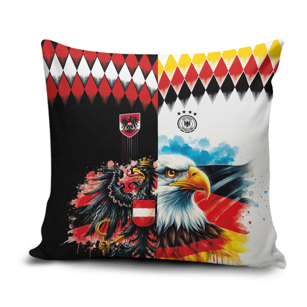 Austria and Germany National Football Pillow Cover Split Half Diamond Argyle with Eagles Watercolor Paint Splash Art