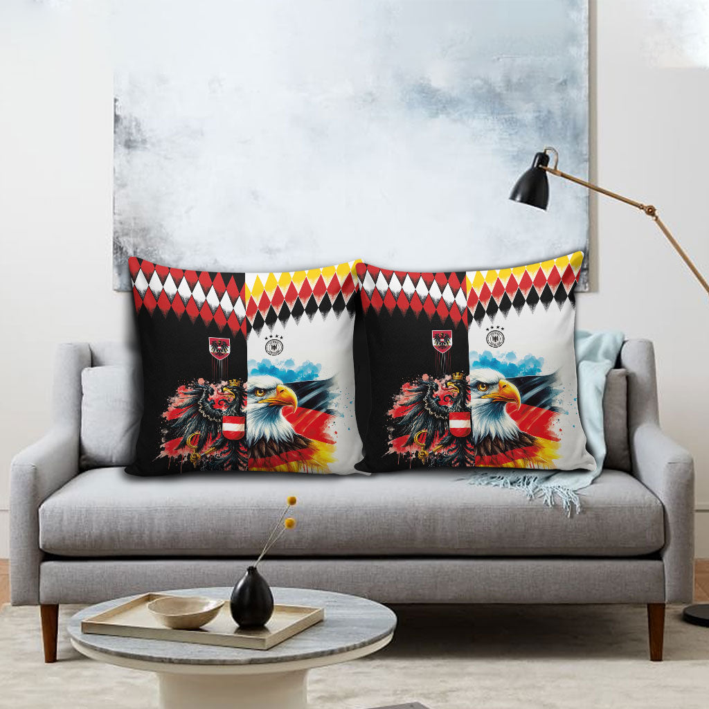 Austria and Germany National Football Pillow Cover Split Half Diamond Argyle with Eagles Watercolor Paint Splash Art