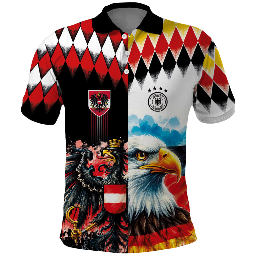 Custom Austria and Germany National Football Polo Shirt Split Half Diamond Argyle with Eagles Watercolor Paint Splash Art