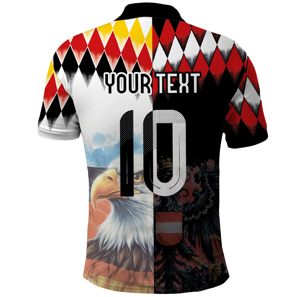 Custom Austria and Germany National Football Polo Shirt Split Half Diamond Argyle with Eagles Watercolor Paint Splash Art