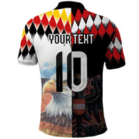 Custom Austria and Germany National Football Polo Shirt Split Half Diamond Argyle with Eagles Watercolor Paint Splash Art