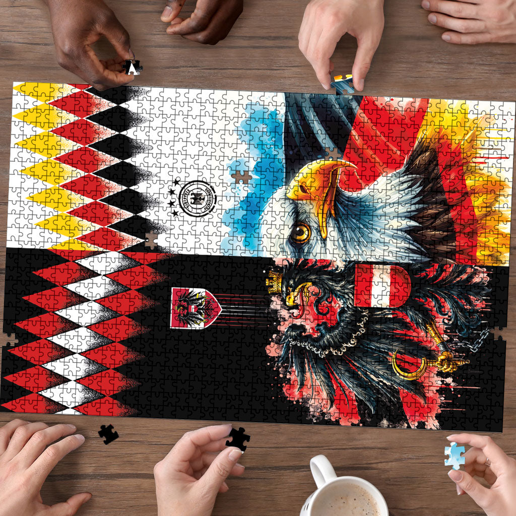 Austria and Germany National Football Puzzle Split Half Diamond Argyle with Eagles Watercolor Paint Splash Art