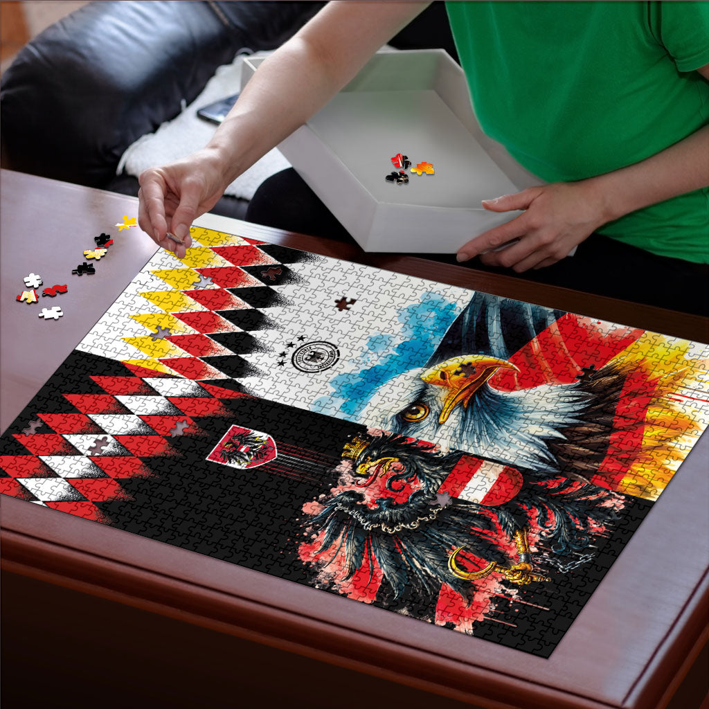 Austria and Germany National Football Puzzle Split Half Diamond Argyle with Eagles Watercolor Paint Splash Art